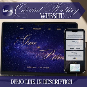 Customizable Celestial Wedding Website Invite Template With Countdown Timer, Location, Blue Gold Galaxy Starry Night Theme Canva Bridal Site