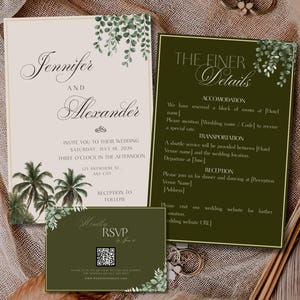Könnte beinhalten: Elegantes Hochzeitskarten-Set mit einer cremefarbenen Einladung mit den Namen "Jennifer und Alexander" und Palmenillustrationen. Enthält eine dunkelgrüne Detailkarte und eine RSVP-Karte mit QR-Code.