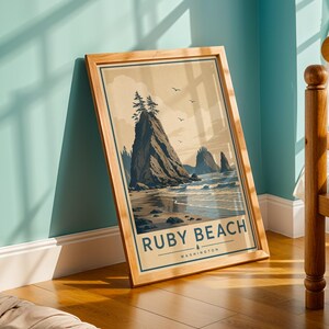 Ruby Beach Kunstdruck – Moderner flacher Vektor, Wolkentänzer Beige und Patinablau, Washington