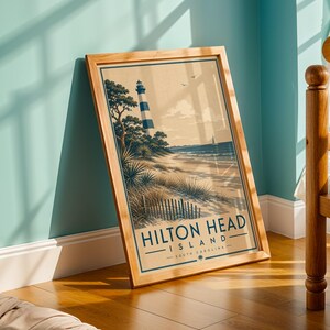 Hilton Head Island Poster - Modern 1950s Style, Patina Blue and Cloud Dancer Beige