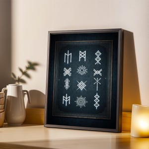 May include: A framed print with a dark blue backdrop displaying glowing white runic symbols. The symbols are arranged in a grid within a black frame. The print is on a wooden surface, with a white ceramic jug and a lit candle in the background.