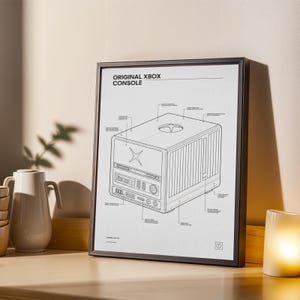 May include: A framed print displaying a technical diagram of the original Xbox console. The black and white illustration shows the console's internal components and design, with the text "ORIGINAL XBOX CONSOLE". The print is on a wooden surface.