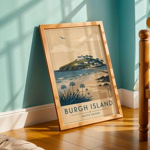 Burgh Island-affisch – Modern retro reseillustration, marinblå och blågrön, södra Devon