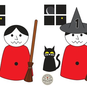 Puede incluir: Ilustración de una bruja con un gato negro, una escoba y un fondo de cielo nocturno. La bruja lleva un atuendo rojo y un sombrero gris con el número 1. El gato tiene ojos amarillos. Tema de Halloween o educativo.