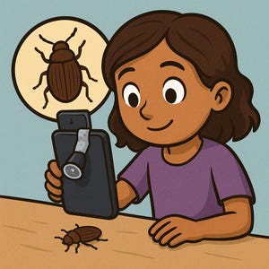 Könnte beinhalten: Illustration eines Kindes, das einen Käfer mit einem Smartphone und einer Lupe betrachtet. Das Kind trägt ein lila Hemd und hat braune Haare. Ein Käfer liegt auf dem Tisch. Ein vergrößertes Bild eines Käfers befindet sich in einem Kreis.