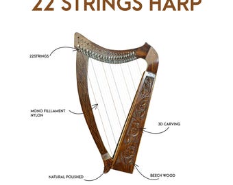 22-String Celtic Lever Harp – Wooden Irish Harp, Beginner & Student Harp, Medium-Size Folk Harp, Handmade Musical Instrument