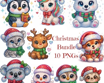 May include: A collection of ten adorable Christmas-themed PNG images. The images feature cute animals like a penguin, unicorn, polar bear, snow leopard, reindeer, puppy, koala, owl, and sloth, all wearing Santa hats and scarves. The text "Christmas Bundle 10 PNGs" is also included.