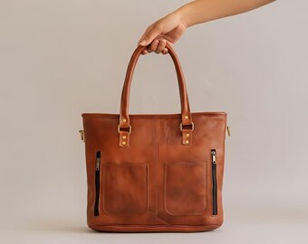 Leather Tote Bag Personalized Full Grain Leather Tote With Zipper Option Monogram Bag Purse Handbag For Women Christmas Gifts For Her