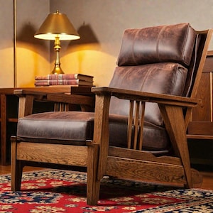 May include: A brown leather armchair with a wooden frame featuring vertical slats on the sides. The chair has a thick, cushioned backrest and seat upholstered in distressed brown leather, supported by a sturdy oak-colored wooden structure.