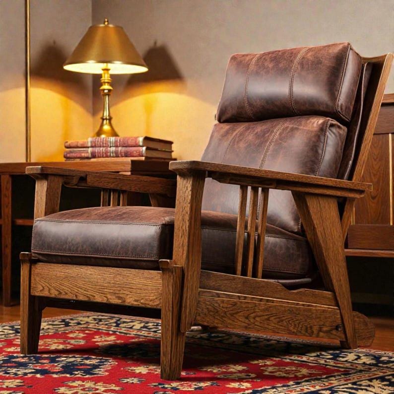 May include: A brown leather armchair with a wooden frame featuring vertical slats on the sides. The chair has a thick, cushioned backrest and seat upholstered in distressed brown leather, supported by a sturdy oak-colored wooden structure.