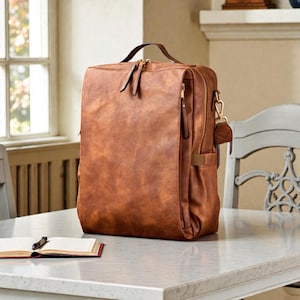 May include: A brown leather-look briefcase with a top handle, zipper closures, and a detachable shoulder strap. The bag is rectangular and sits on a white countertop. A notebook and pen are in the foreground.