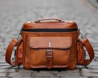 Skórzana torba na aparat fotograficzny typu crossbody dla mężczyzn i kobiet | Ręcznie robiona torba na ramię z brązowej skóry koziej w stylu vintage | Etui podróżne na lustrzankę cyfrową i bezlusterkowiec