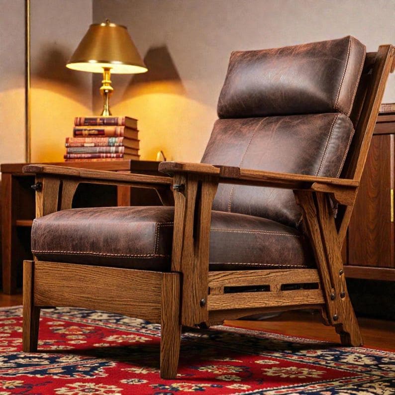 May include: A brown leather armchair with a high backrest and a wooden frame. The chair features a thick, cushioned seat and back, with visible stitching along the edges. The wooden structure has a natural grain finish and sturdy armrests.
