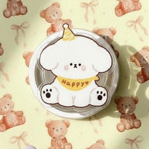 White Dog MagSafe Phone Grip, Happy Puppy Party Hat, Magnetic Phone Stand