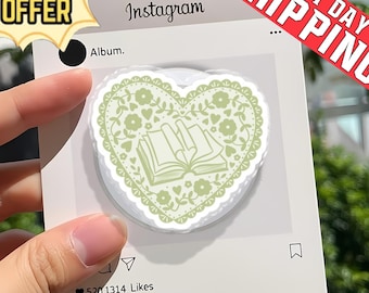 Sage Green Book Heart Phone Grip, Cottagecore Reader Stand