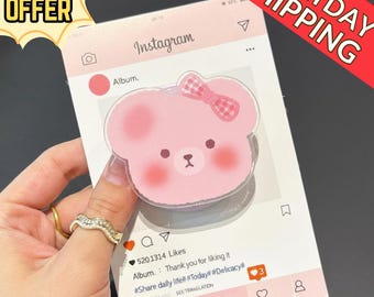 Kawaii Pink Bear Magnetic Phone Grip, Cute Bear with Bow MagSafe Phone Stand, Pastel Phone Holder, Cute Accessories for Teens, Gift for Her