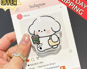 Agarre magnético para teléfono con forma de perro y café kawaii, adorable cachorro con café y bolsa, regalo para amantes de los perros.