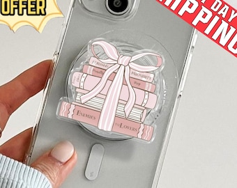 Pink Book Stack Phone Grip, Coquette Bow, Enemies to Lovers, Booktok Mobile Stand
