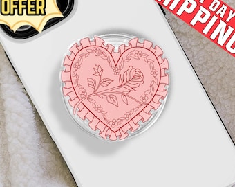 Pink Ruffle Heart Phone Grip, Rose Coquette MagSafe Phone Accessory