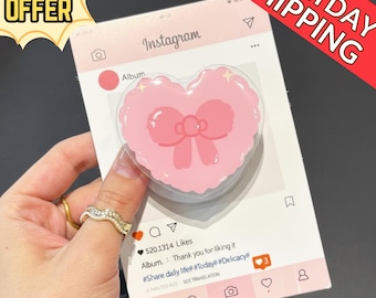 Supporto per telefono MagSafe con fiocco rosa a forma di cuore kawaii, supporto per telefono carino, accessori pastello per telefono, supporto per telefono MagSafe, regalo kawaii per lei