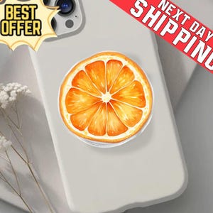 May include: A phone case with a watercolor-style orange slice design. The orange slice is a vibrant mix of orange and yellow hues. The phone case is light gray and has the text "BEST OFFER" in a yellow banner.