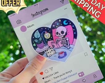 Skeleton & Cat Magnetic Phone Stand: Cute Heart-Shaped Phone Grip, Nighttime Skeleton Reading with Cat, Kawaii Magsafe Phone Holder