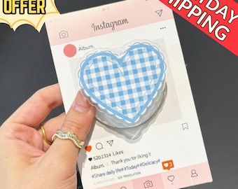 Gingham Heart Magnetic Phone Grip – Cute Blue Heart Magsafe Phone Stand, Kawaii Checkered Phone Holder, Adorable Gift for Friends