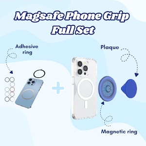 May include: An image showing a Magsafe phone grip full set. The set includes adhesive rings, a phone case with a magnetic ring, a plaque, and a magnetic ring. The adhesive rings are in various colours. The plaque and magnetic ring are blue.