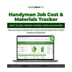 May include: A laptop displays a spreadsheet titled "Handyman Job Cost & Materials Tracker." The screen shows charts and data tables. Text at the top reads "Handyman Job Cost & Materials Tracker." Additional text includes "EASY TO USE | INSTANT ACCESS | AUTO-CALCULATED."