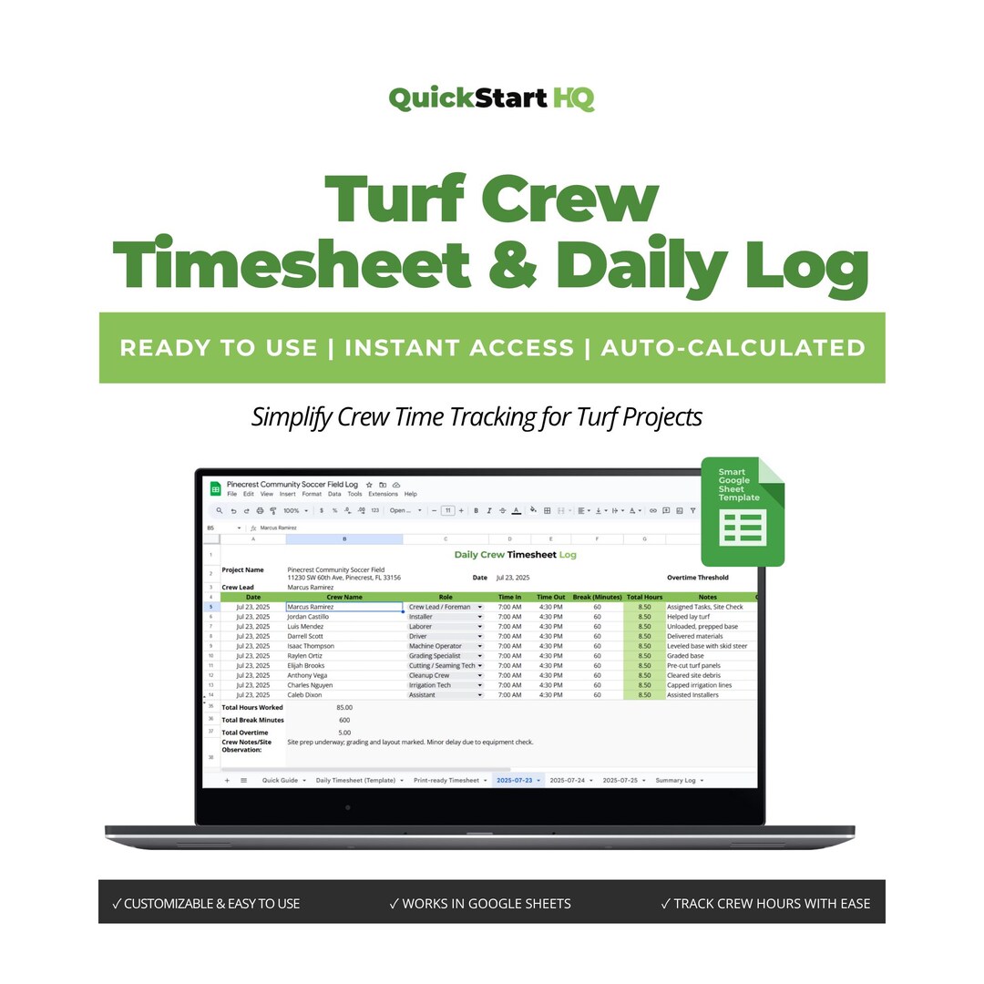 Turf Contractor Crew Timesheet & Daily Log Google Sheets Template ...