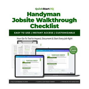 May include: A digital Handyman Jobsite Walkthrough Checklist template, displayed on a laptop, tablet, and printed sheets. The green and white design includes the text "Easy to Use | Instant Access | Customizable". The template is fully customizable in Canva.