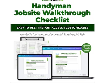 Checklist voor klusjeswerkplaats walkthrough bewerkbare canva-sjabloon + invulbare pdf en afdrukbare versie – pre-jobformulier voor aannemers