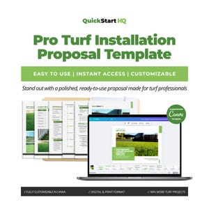 Pode incluir: Um laptop exibe um "Pro Turf Installation Proposal Template" com o logotipo QuickStart HQ. A imagem inclui uma pilha de documentos impressos e destaca os recursos "Fácil de usar", "Acesso instantâneo" e "Personalizável". O modelo é totalmente personalizável no Canva.