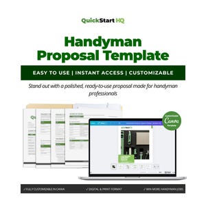 Pode incluir: Um laptop exibe um modelo de proposta de handyman com o texto "Handyman Proposal Template". A imagem inclui uma pilha de documentos e um distintivo verde "Canva Template". O texto diz "Fácil de usar | Acesso instantâneo | Personalizável."