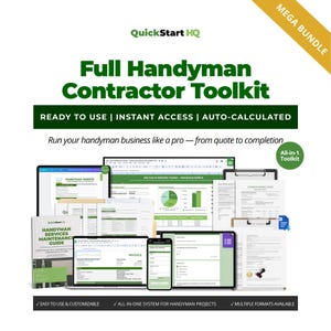 Op de afbeelding: Een digitale toolkit voor klusjesmannen met de tekst "Full Handyman Contractor Toolkit". De afbeelding toont verschillende digitale apparaten die documenten weergeven, waaronder een tablet, smartphone en laptop. De toolkit bevat een onderhoudsgids en factuursjablonen.