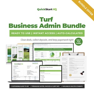 Op de afbeelding: De afbeelding toont de "Turf Business Admin Bundle" met het "QuickStart HQ" logo. Het bevat een laptop, tablet en andere documenten. De tekst benadrukt functies zoals directe toegang en automatische berekening, met een "5-in-1 Turf Toolkit" aanbieding.