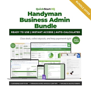 Op de afbeelding: Handyman Business Admin Bundle van QuickStart HQ. De afbeelding toont een laptop, tablet en telefoon met bedrijfsformulieren. De tekst luidt "READY TO USE | INSTANT ACCESS | AUTO-CALCULATED". De bundel bevat een 5-in-1 toolkit en is aanpasbaar en gemakkelijk te gebruiken.