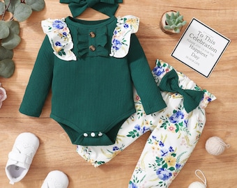 Baby Girl Outfit Set – Long Sleeve Jumpsuit with Floral Pants, 0-2Y Toddler Spring Autumn Clothes, Cute Baby Outfit, Mom & Kids Gift