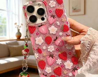Cute Strawberry Floral Glitter Clear Phone Case with Pendant for iPhone 17 16 15 Pro Max 14 13 12 11