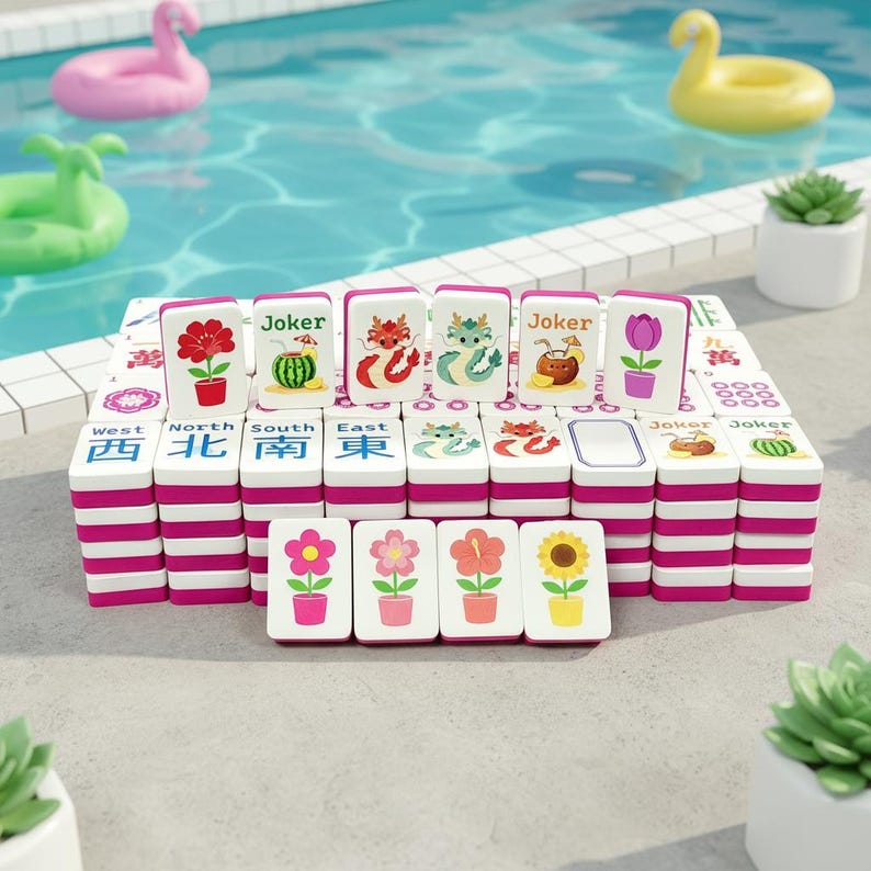 May include: A set of pink and white Mahjong tiles with various floral and character designs, including the word "Joker". The tiles are arranged on a white surface near a swimming pool with inflatable pool toys.