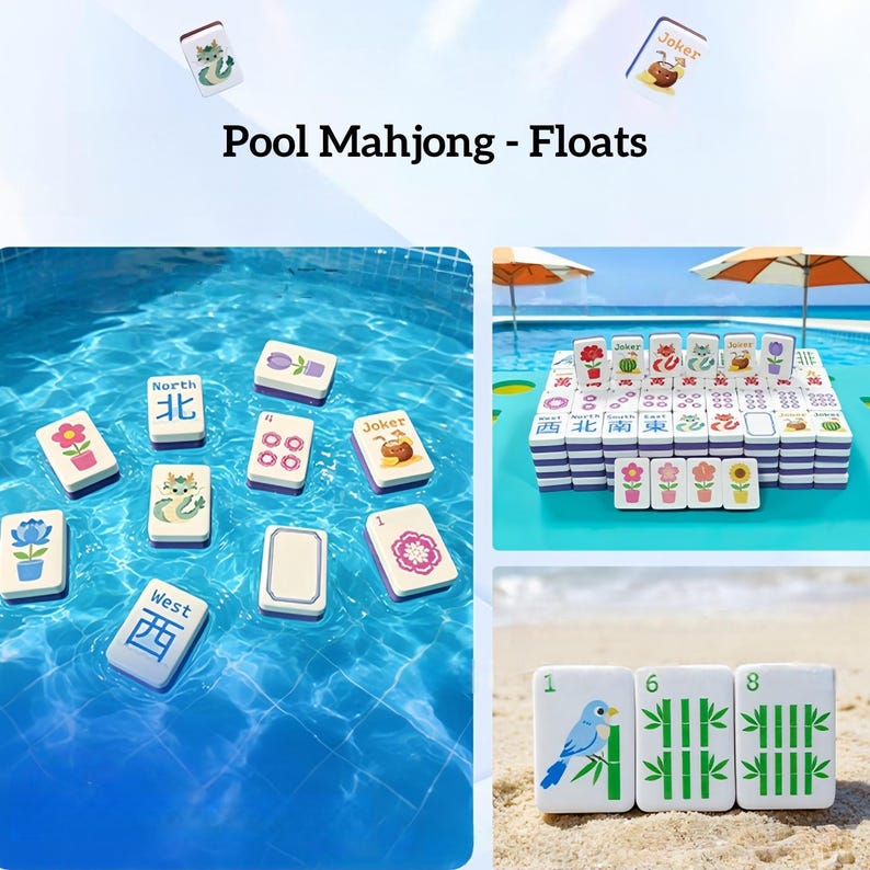 May include: A collection of white Pool Mahjong tiles with various symbols and characters, including flowers, dragons, and the word "Joker". Some tiles float in a pool, while others are arranged on a table and on the sand. The text "Pool Mahjong - Floats" is displayed.