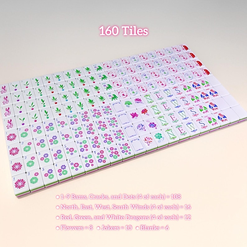May include: A complete set of 160 Mahjong tiles. The tiles are white with various colorful symbols, including flowers, plants, and Chinese characters. The text "160 Tiles" is displayed in pink. The set includes 1-9 Bams, Cracks, and Dots, North, East, West, South Winds, Red, Green, and White Dragons, Flowers, Jokers, and Blanks.