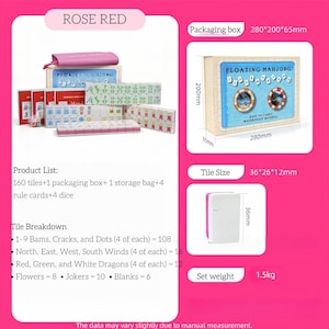 May include: Rose red Mahjong set with 160 tiles, a packaging box, a storage bag, rule cards, and dice. The packaging box measures 11 x 7.9 x 2.6 inches. Tile size is 1.4 x 1 x 0.5 inches. Set weight is 3.3 pounds. The set includes tiles with various symbols.