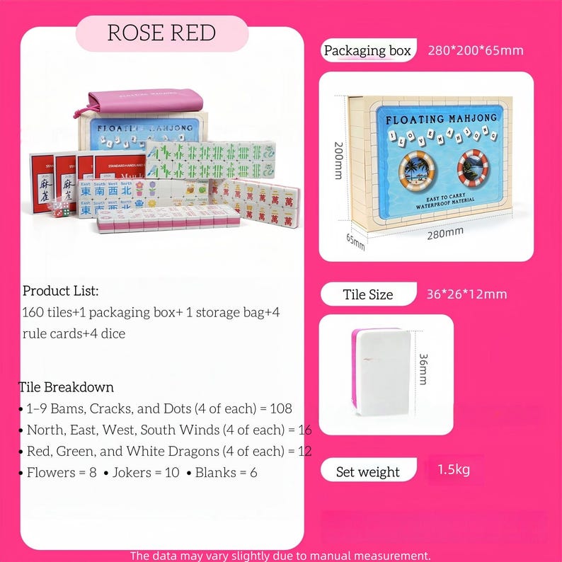 May include: Rose red Mahjong set with 160 tiles, a packaging box, a storage bag, rule cards, and dice. The packaging box measures 11 x 7.9 x 2.6 inches. Tile size is 1.4 x 1 x 0.5 inches. Set weight is 3.3 pounds. The set includes tiles with various symbols.