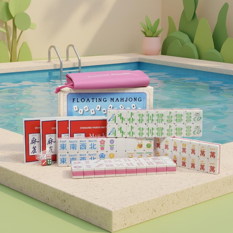 May include: A complete Mahjong set with pink and white tiles, dice, and a pink carrying case. The box reads "FLOATING MAHJONG". The set is arranged on a light-colored surface with a pool in the background.