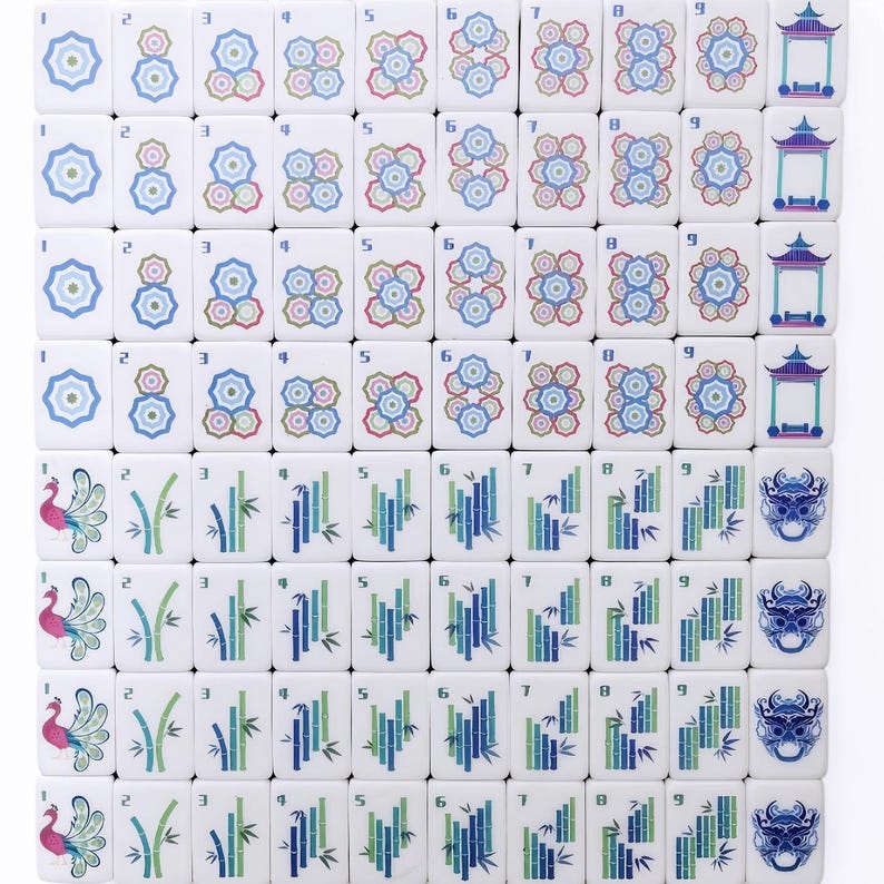 May include: A full set of white Mahjong tiles, each with distinct symbols and numbers. The tiles feature floral, bamboo, and dragon designs in blue, green, and red. Numbers 1-9 are displayed on the tiles.