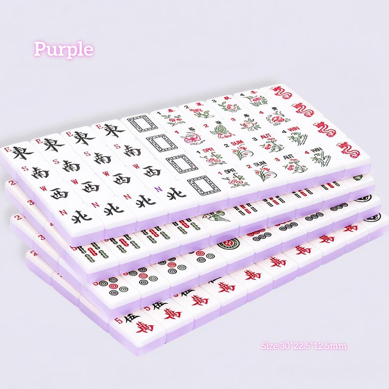 May include: A set of white mahjong tiles with purple backs, featuring black and red engraved characters, floral designs, and seasonal labels. The tiles are arranged in stacks, with text on the tiles indicating directions and seasons. Size: 30x22.5x12.5mm.