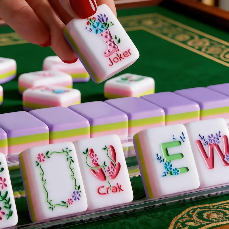 May include: A close-up of a colourful Mahjong set. The tiles are white with floral designs and the word "Joker". Other tiles are purple, green, and pink. The game is set on a green surface.