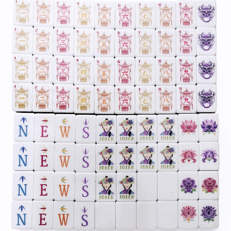 May include: A full set of white Mahjong tiles. The tiles are decorated with diverse symbols, numbers, and characters in colours such as red, orange, and purple. Some tiles display the word "NEWS" and the word "JOKER".
