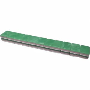 May include: A row of green Mahjong tiles. Each tile is rectangular with rounded corners, a glossy green top, and a pink and white layered side. The tiles are stacked in a neat row, suggesting a game in progress.